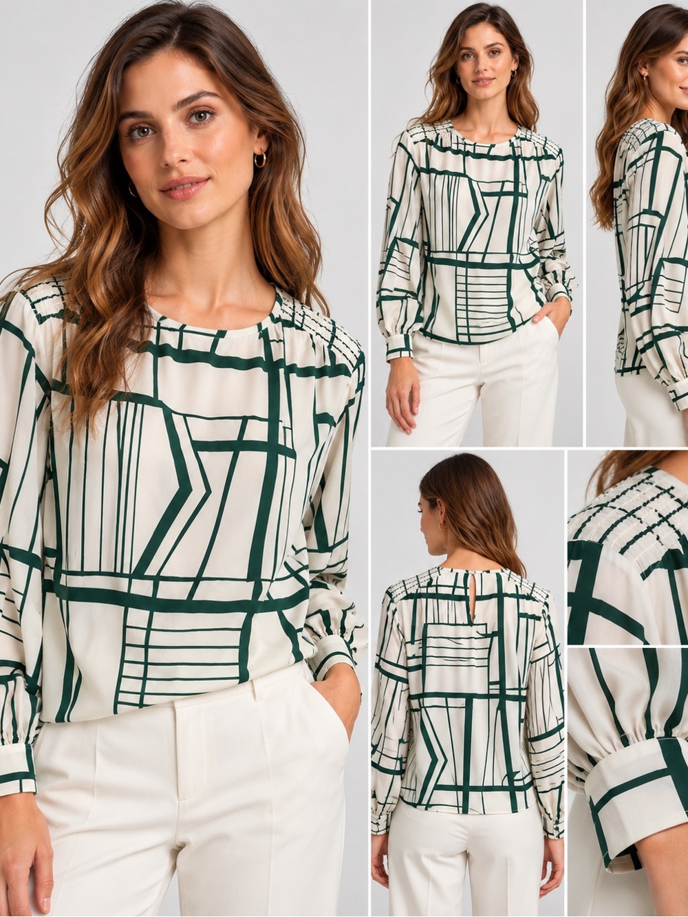 Club Monaco Geometric Print Smocked Shoulder Blouse Top Size S NWT